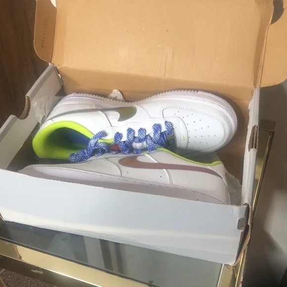 Nike Air Force one white /multi colored medium blue sneakers size 6y​ - Picture 3 of 11